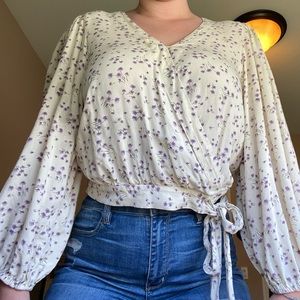 White Floral Wrap Front Side Tie Blouse